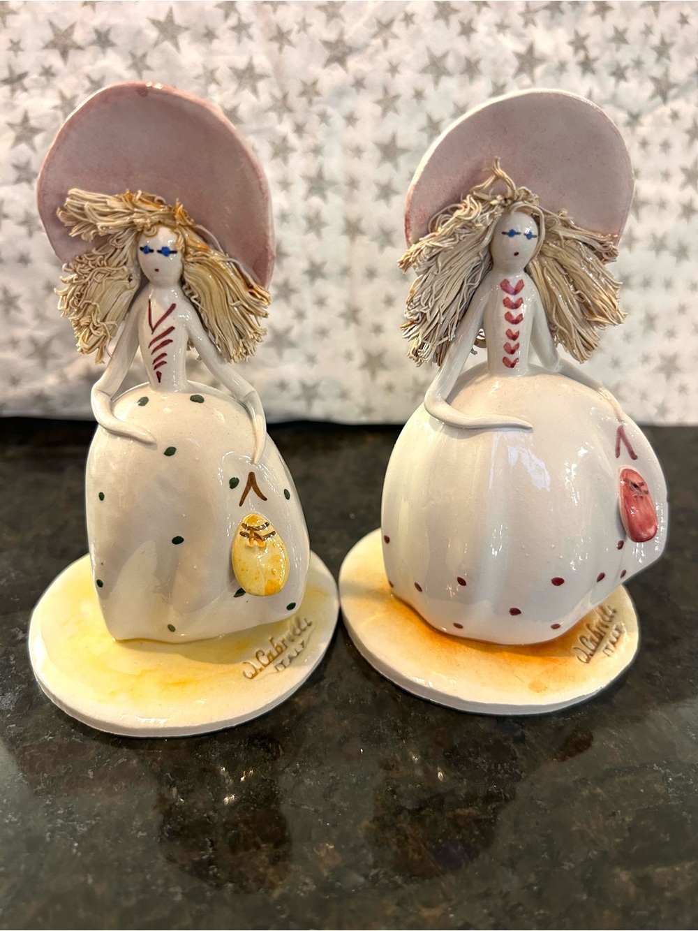 Pair of Italian CAPODIMONTE Porcelain Girls w/ Spaghetti Hair Signed W. CABRELLI